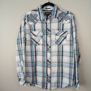 MENS HELIX AFFLICTION PLAID BUTTON DOWN, LONG SLEEVE, SIZE MEDIUM, ATHLETIC FIT